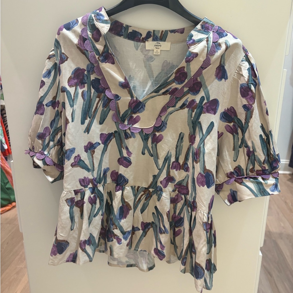 entro Cream Blouse with Purple and Teal Floral Print